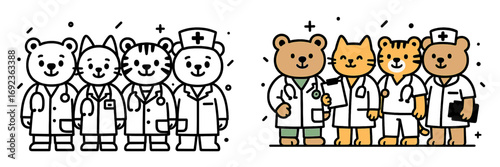 Team of cute cartoon animal doctors and nurses including a bear, cat, and tiger wearing medical uniforms with stethoscopes