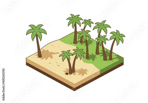 Tropical island paradise with palm trees casting shadows on a sandy beach and lush green land, isometric view illustration