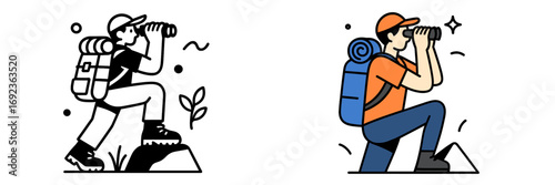 Hiker with backpack looking through binoculars while exploring nature on a trail, minimalist character design for adventure and travel concepts