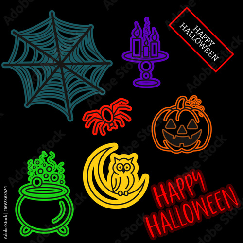 Halloween neon icons set including spider web, spider, pumpkin, owl, cauldron, candles, and festive 