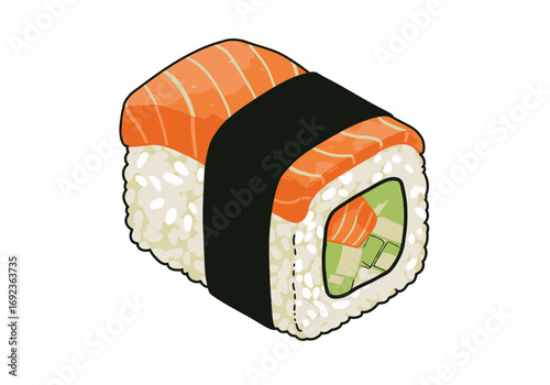 A close-up isometric illustration of a fresh salmon sushi roll with cucumber and sesame seeds, a popular Japanese delicacy