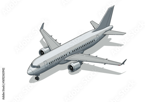 Modern passenger airliner aircraft shown in a detailed isometric view. Vector graphic for transportation and travel concepts