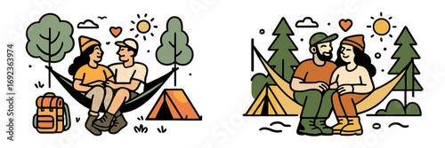Romantic couple relaxing in a hammock at a campsite in the forest with a tent and backpack for outdoor adventure