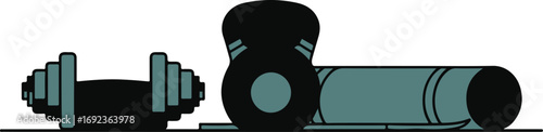 Gym equipment illustration featuring dumbbell kettlebell and yoga mat ready for workout session