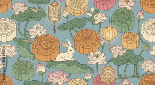 A repeating pattern featuring mooncakes, lanterns, lotus flowers, and a white rabbit against a light blue background.