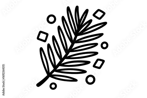 Hand drawn palm leaf with abstract geometric shapes in a minimalist doodle style Black and white line art of a tropical frond isolated on a white background