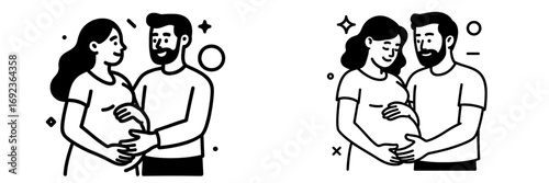 Black and white icon set of a happy pregnant couple expecting a baby, man and woman embracing the belly in a loving relationship