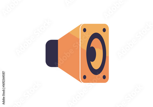 Vector illustration of a bright orange megaphone with a dark blue accent and a speaker cone, on a white background, isolated graphic element
