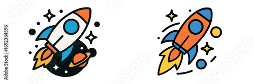 Set of two colorful cartoon rocket ships launching into space with planets and stars, isolated icon for technology or startup business