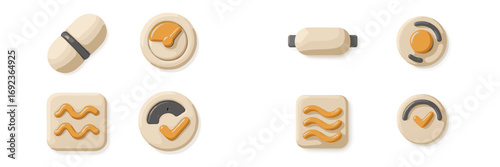 Set of 3D user interface icons for web and mobile applications featuring soft plasticine style design elements like buttons, checkmarks, and progress indicators isolated on a white