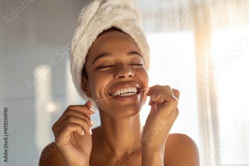 Radiant woman with towel wrapped hair smiles blissfully while flossing, showcasing perfect teeth and self-care