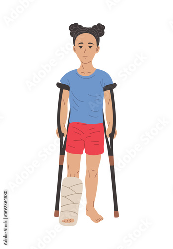 Schoolgirl on crutches with leg cast rehabilitation