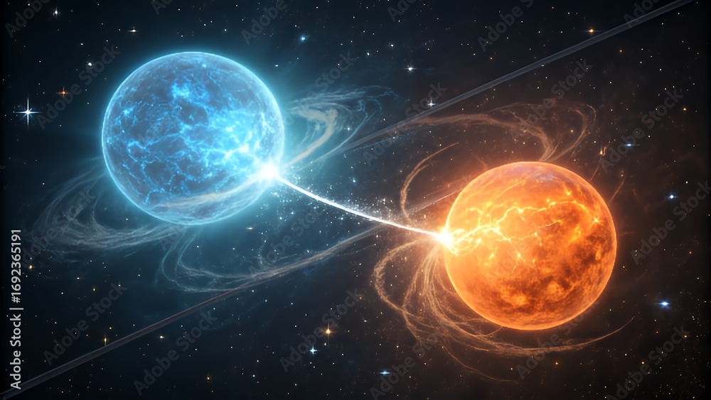 Fototapeta premium Two celestial bodies interacting in deep space with cosmic energy