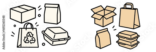 Set of packaging and delivery icons including cardboard boxes, paper bags, and takeout food containers for e-commerce and shipping