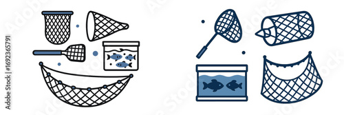 Minimalist icon set of fishing and aquaculture equipment featuring different types of nets, traps, and fish in containers