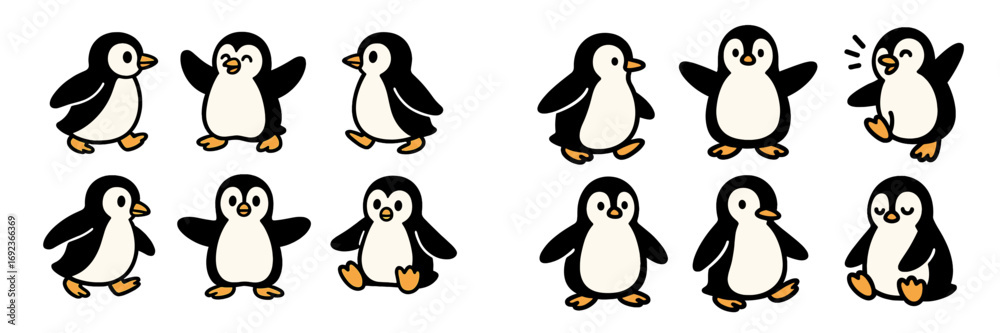 Naklejka premium Adorable collection of cute cartoon penguin characters showing various poses and emotions like walking, waving, and sitting