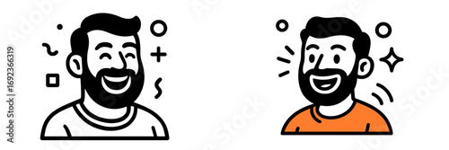 Happy bearded man character icon set with positive emotions and smiling facial expression for a friendly avatar profile
