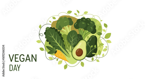 Vegan Day concept illustration with various fresh green vegetables and text