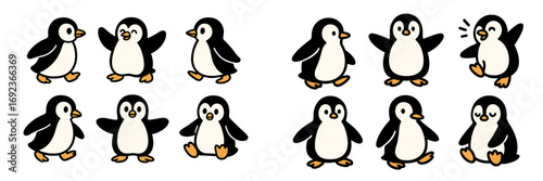 Adorable collection of cute cartoon penguin characters showing various poses and emotions like walking, waving, and sitting
