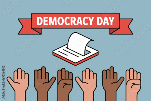Democracy day banner with ballot box and diverse hands raised in support of voting rights day