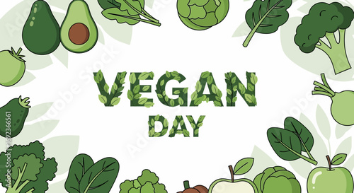 Vegan Day banner with fresh green vegetables frame and text