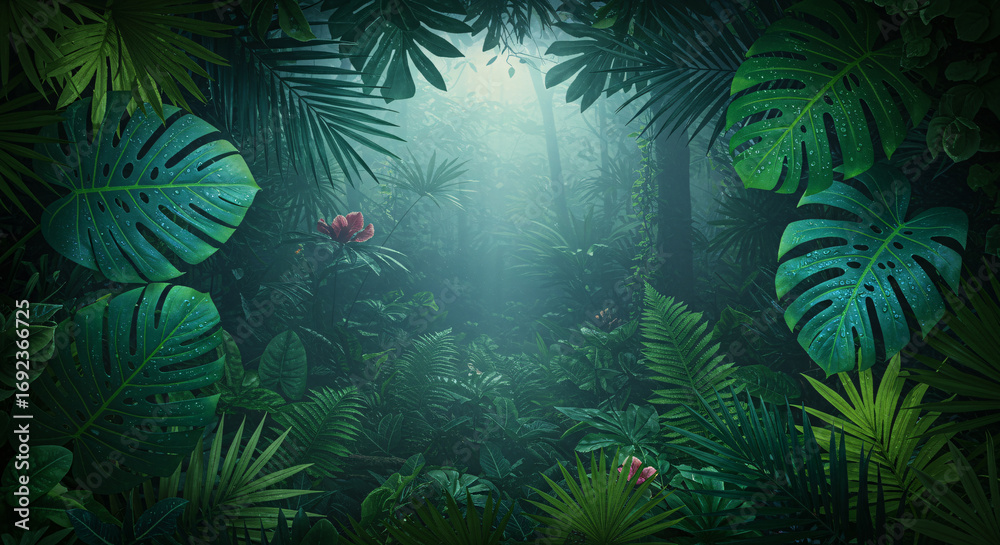 Naklejka premium Lush Jungle Canopy Serene Forest Ambiance with Vibrant Greenery and Tropical Flora