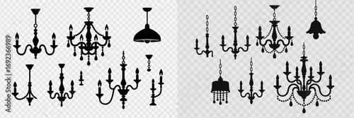 Set of black chandelier silhouettes classic vintage lamps and light fixtures for interior decor design element