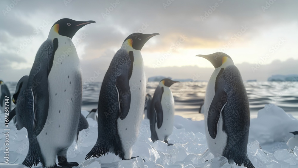 Fototapeta premium Emperor penguins walk across icy landscape under cloudy polar sky