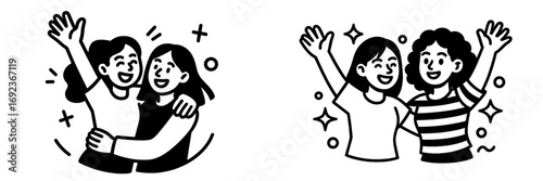 Two happy women friends hugging and waving in a simple black and white line art style icon set for friendship and celebration concepts