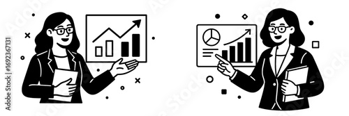Monochrome icon set of a female manager analyzing financial reports and presenting data visualization for business growth