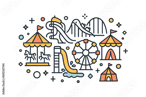 Amusement park and carnival line icon set with roller coaster, carousel, and ferris wheel for summer fun and entertainment
