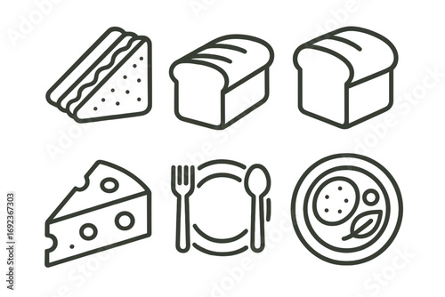 Line art icons of sandwich, bread, cheese, and dinner plate with cutlery