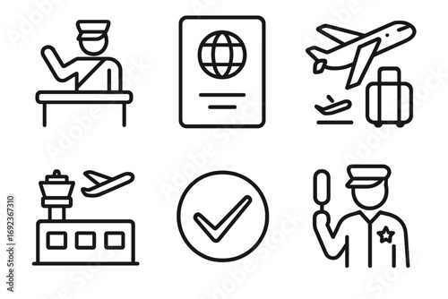 Airport security icons featuring passports, airplanes, and customs officers