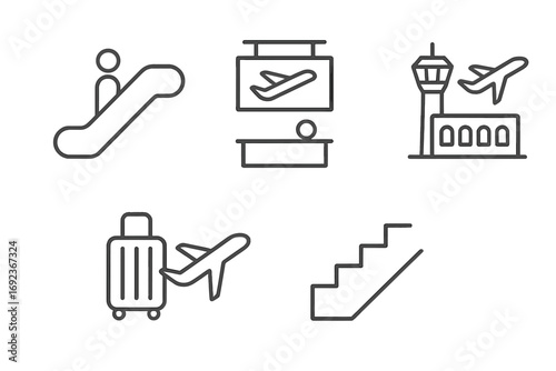 Airport travel icons: escalator, flight monitor, control tower, luggage, staircase