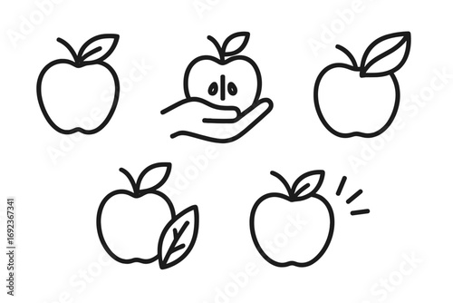 Minimalist black outline apple icons with leaf variations