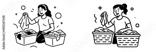 Woman sorting laundry into baskets for household chores and cleaning services. Black and white outline symbols for housekeeping concepts
