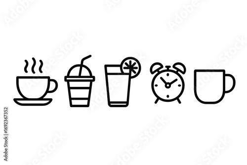 Minimalist beverage and clock icon set featuring coffee and cold drinks