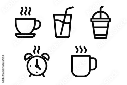 Outline icons: coffee cup, juice glass, smoothie cup, alarm clock, hot mug