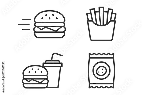 Fast food icons: burger, fries, soft drink, chips in minimalist style