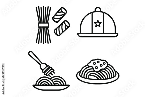 Black and white line icons of pasta varieties and serving concepts