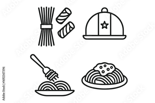 Italian cuisine icons: pasta, cheese ravioli, cloche, spaghetti