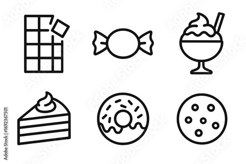 Outline icons of chocolate, candy, ice cream, cake, donut, and cookie