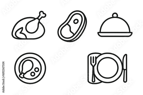 Simple food icons: chicken, steak, covered dish, meal plate, dining set