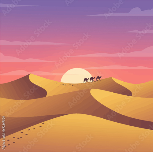 Caravan of camels trekking across vast desert dunes at sunset