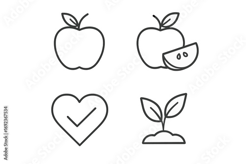 Minimalist outline icons of apple, sliced fruit, health check, and growing plant