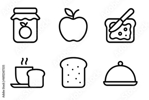 Breakfast icons: jam, apple, toast with spread, coffee, bread, serving dish