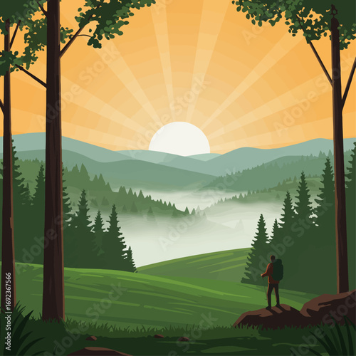 Adventurer witnesses stunning sunrise over misty mountain forest valley