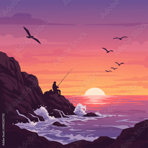 Fisherman casting line on rocky coast at vibrant sunset with seagulls flying