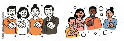 Collection of diverse business and casual people pointing their index fingers forward in a we want you gesture for hiring and recruitment