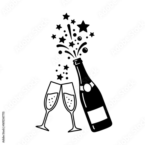 Champagne Bottle and Glasses Icon – Celebration Party Vector Illustration